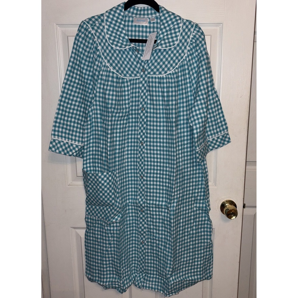 NWT National M Blue Gingham Cotton Flannel Pearl Snap Housecoat Dress Pocket